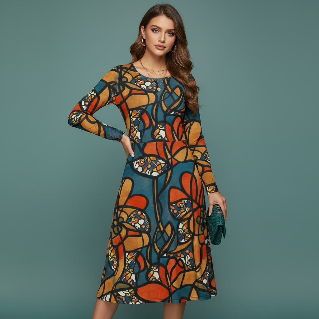 All-over print long sleeve midi dress 261B