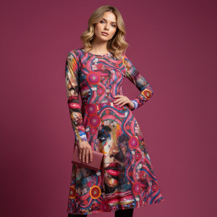All-over print long sleeve midi dress 288B2