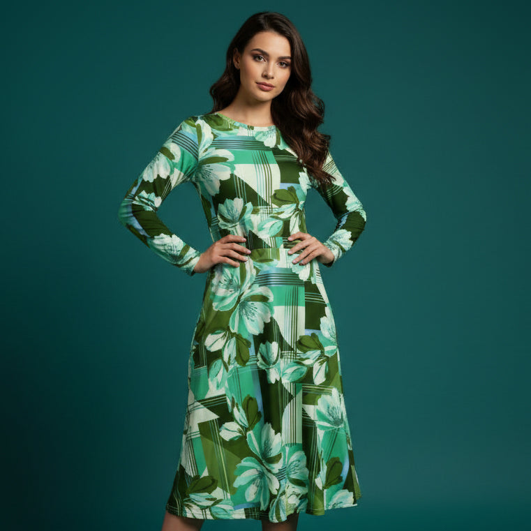 All-over print long sleeve midi dress 285kl6