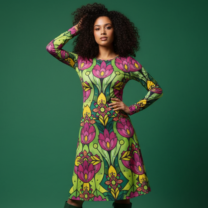 All-over print long sleeve midi dress 286