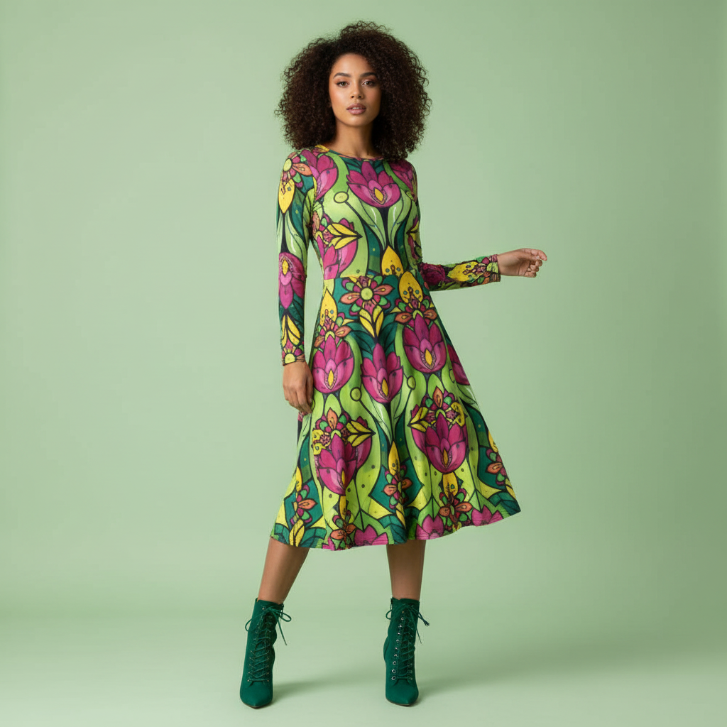 All-over print long sleeve midi dress 286