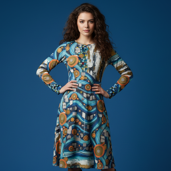 All-over print long sleeve midi dress 288