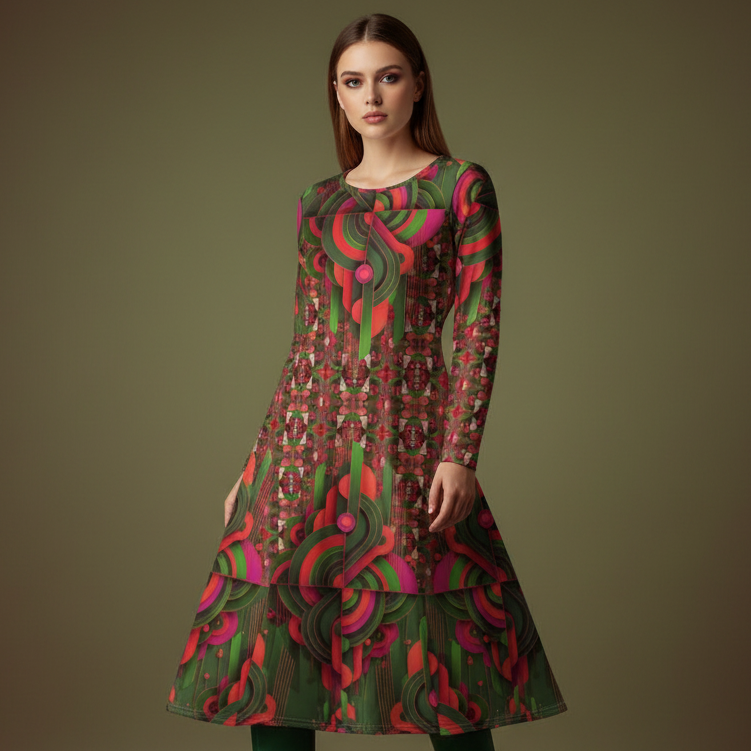 All-over print long sleeve midi dress 283Dkl3