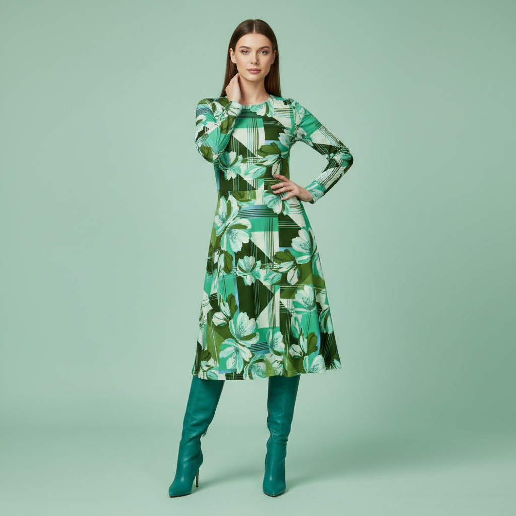All-over print long sleeve midi dress 285kl6