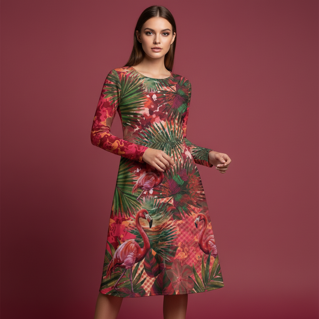 All-over print long sleeve midi dress 289C2