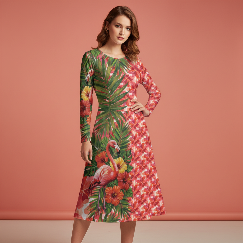 All-over print long sleeve midi dress 293