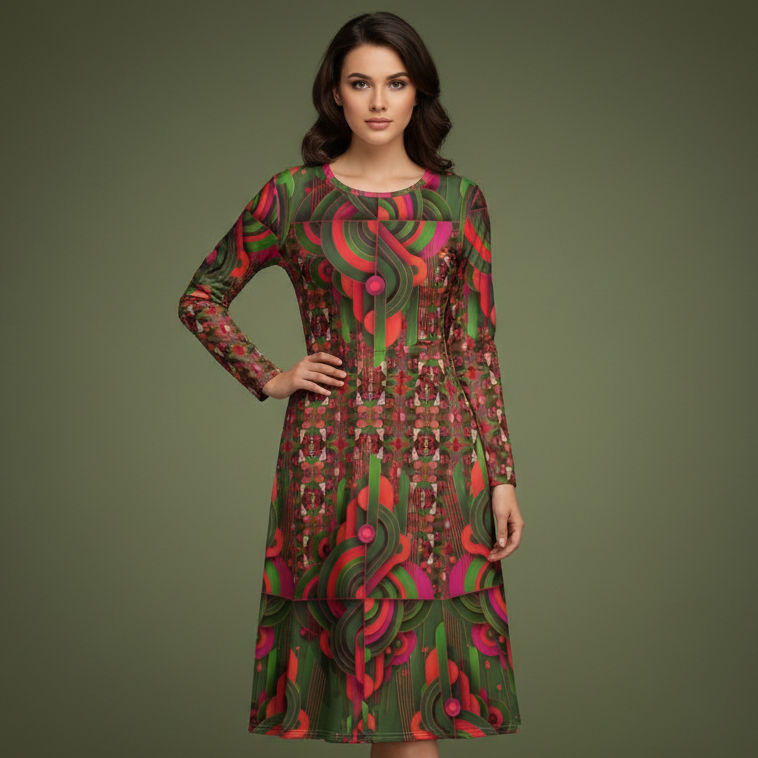 All-over print long sleeve midi dress 283Dkl3