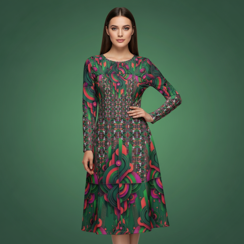 All-over print long sleeve midi dress 283Dkl2