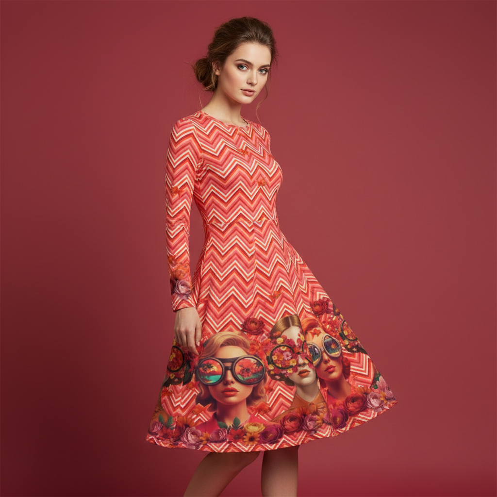 All-over print long sleeve midi dress 295