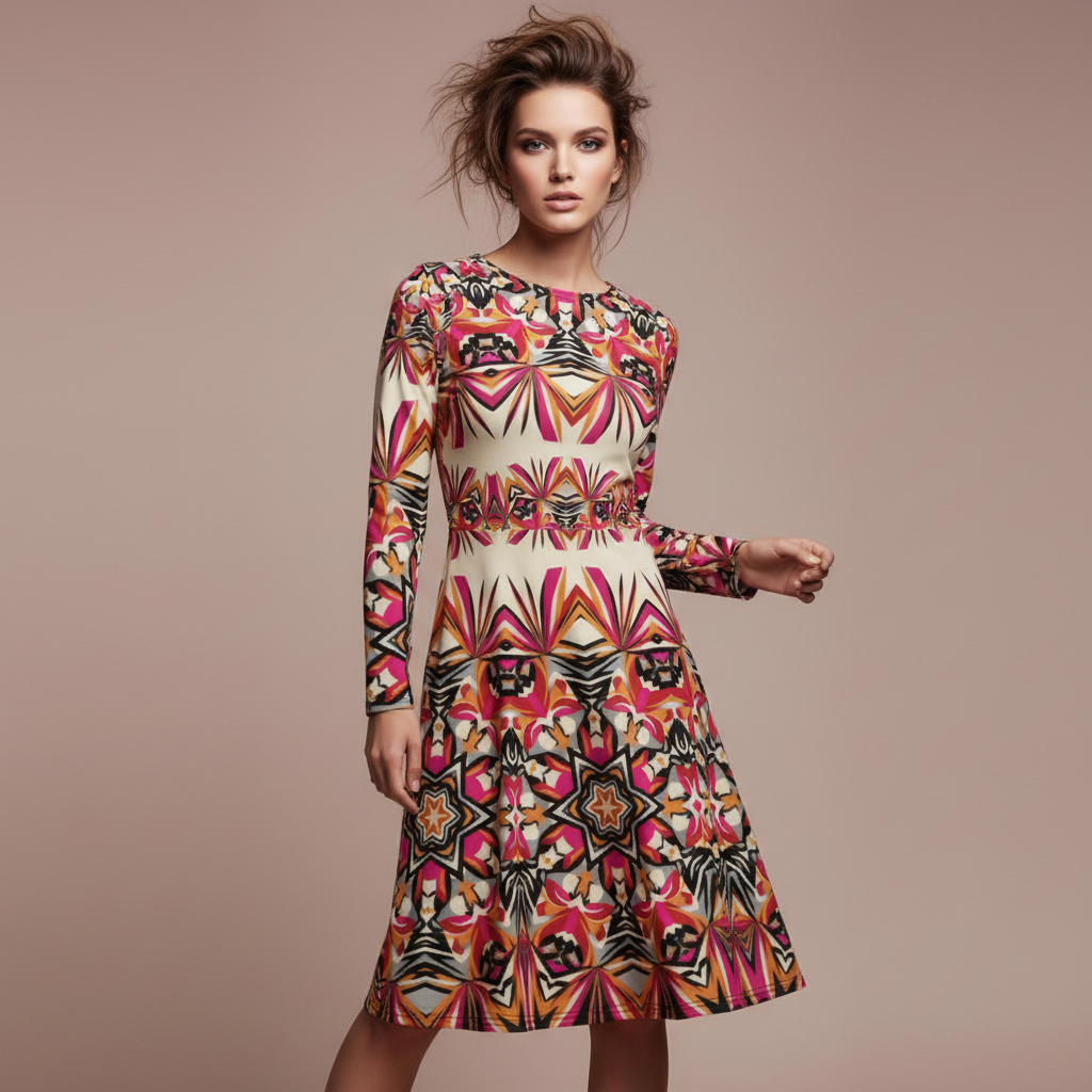 All-over print long sleeve midi dress 301Bkl1