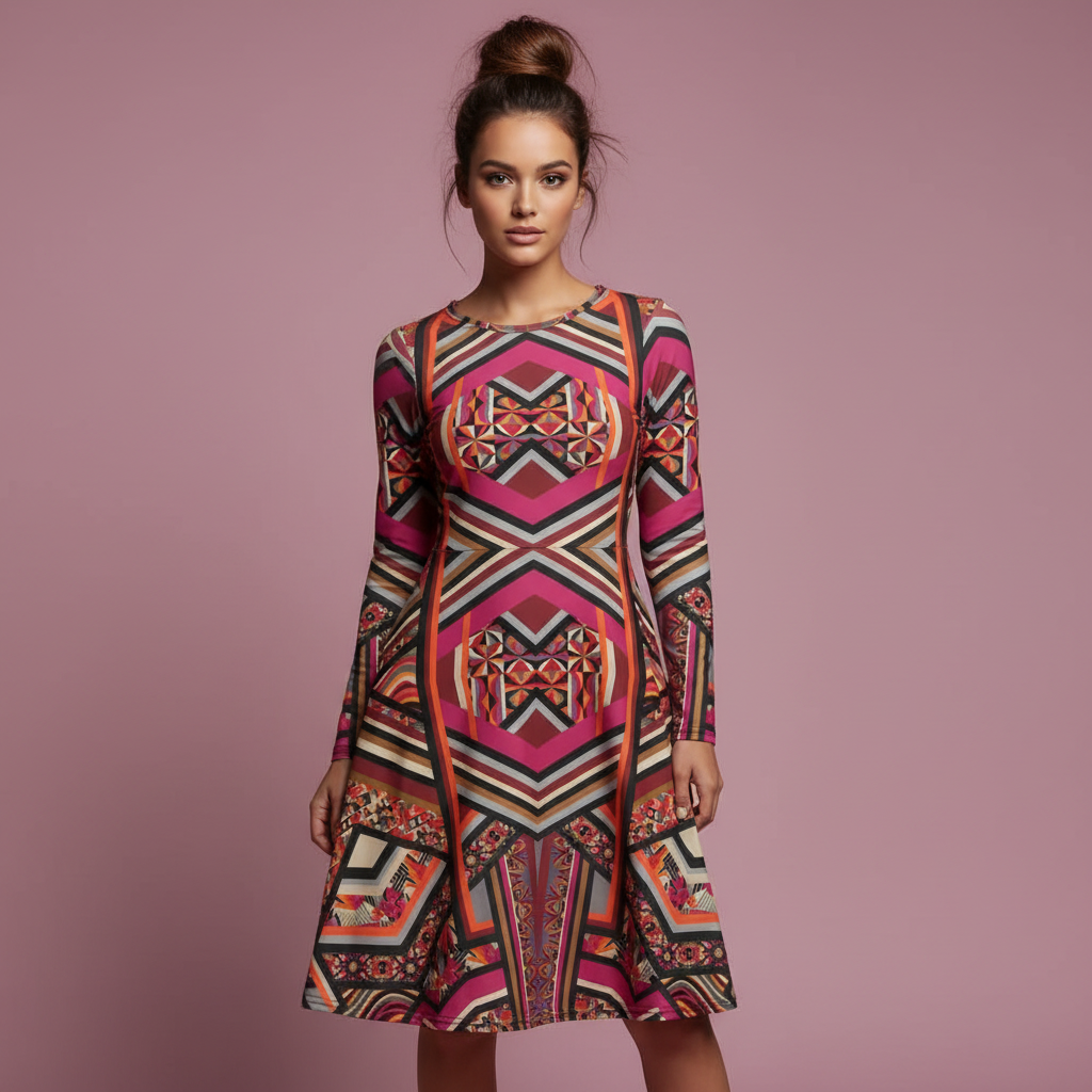 All-over print long sleeve midi dress 298