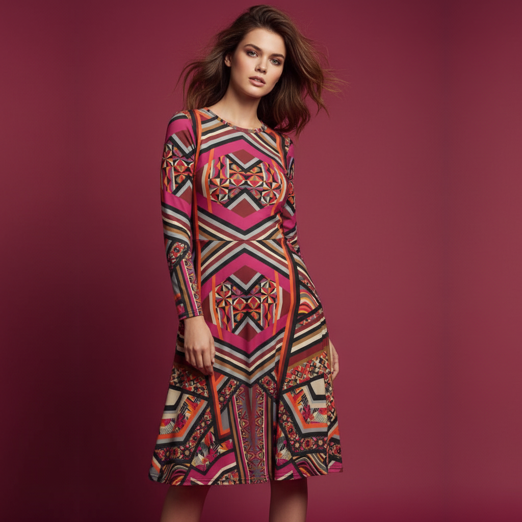 All-over print long sleeve midi dress 298