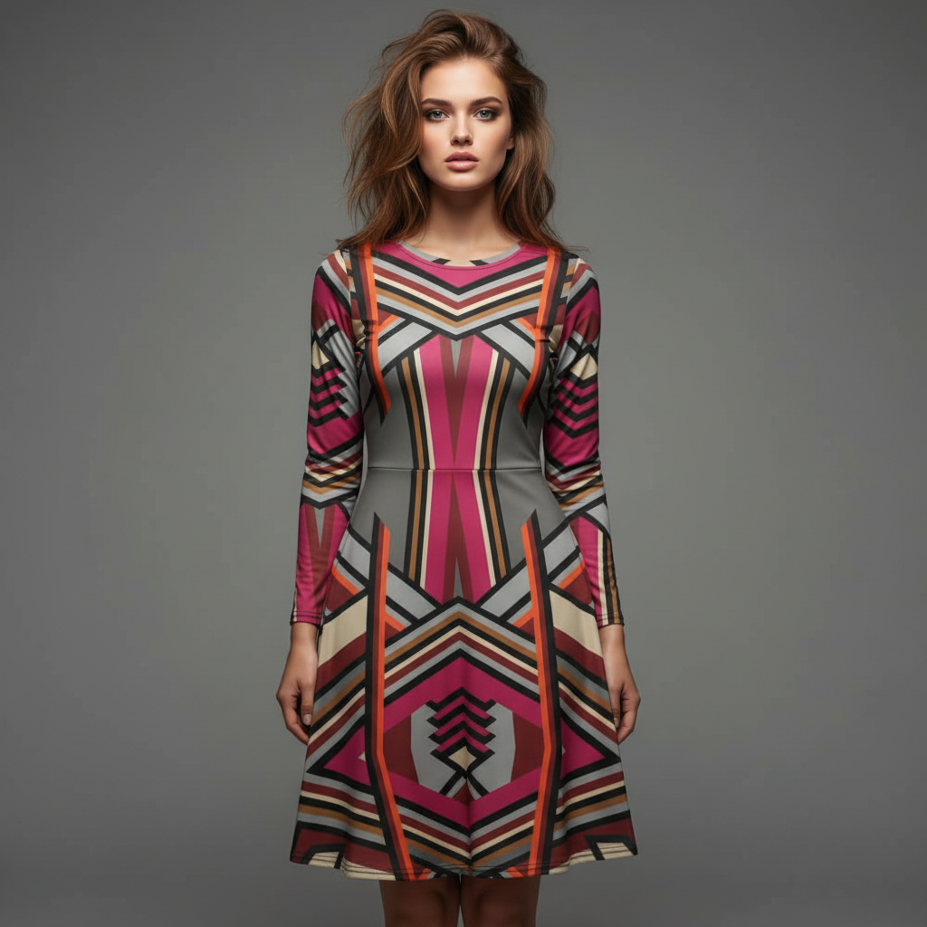 All-over print long sleeve midi dress 298C2