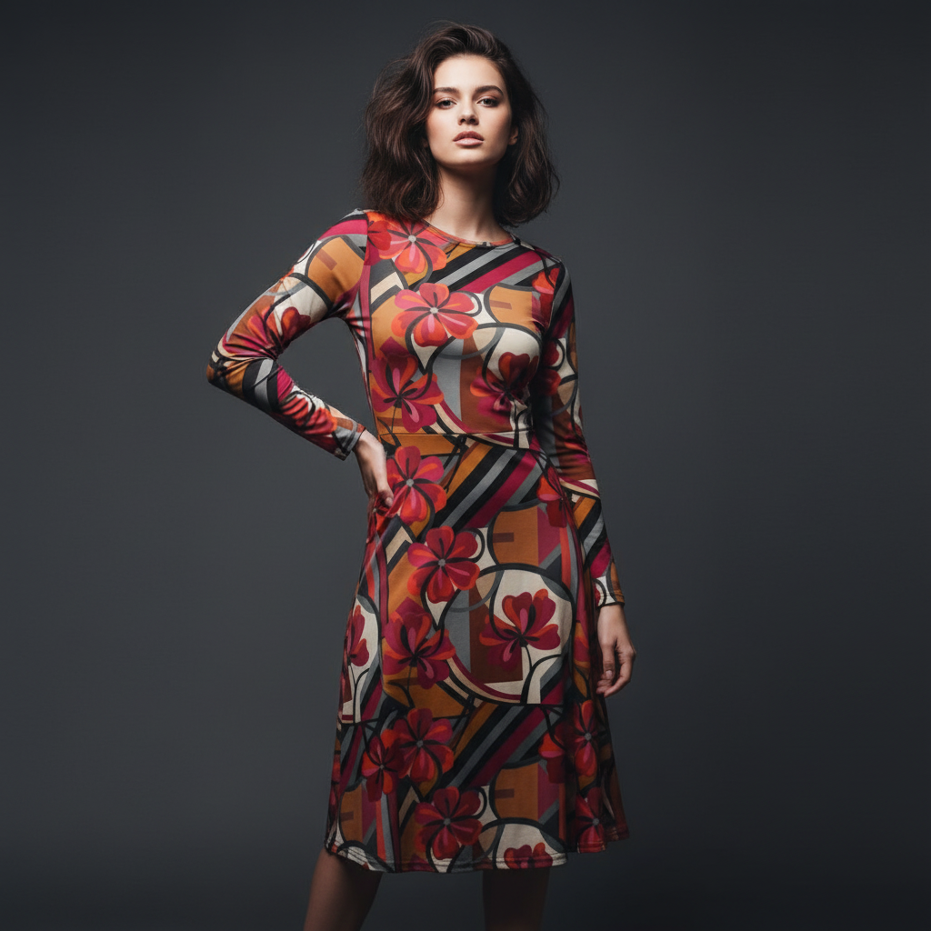All-over print long sleeve midi dress 300