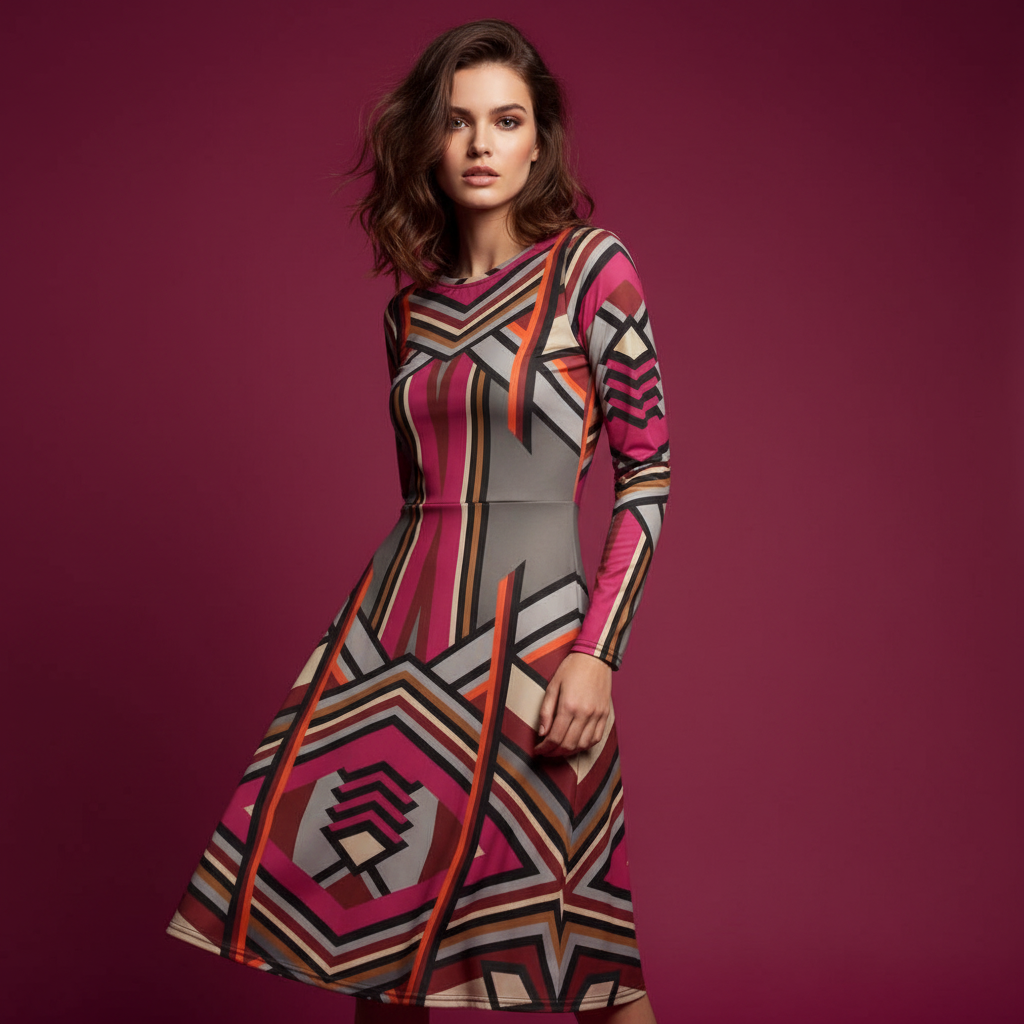 All-over print long sleeve midi dress 298C2