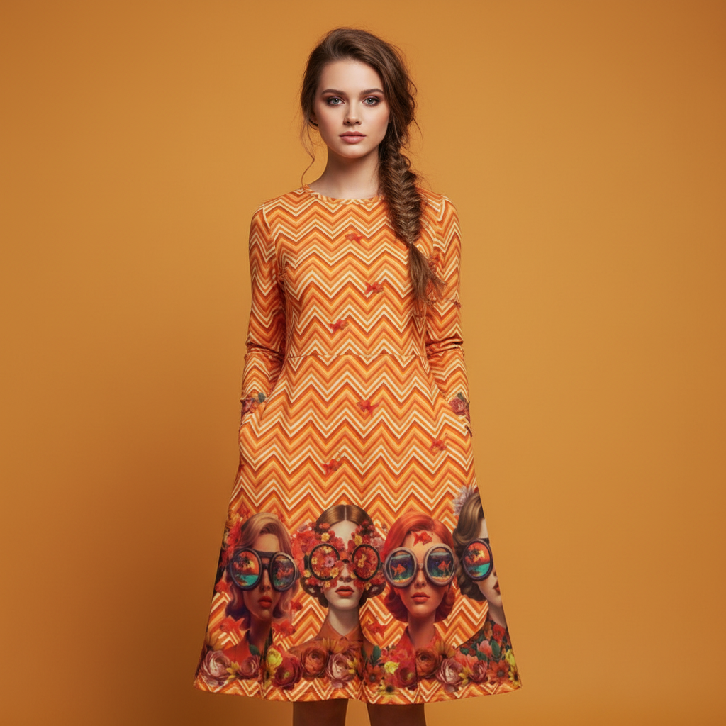 All-over print long sleeve midi dress 295kl2