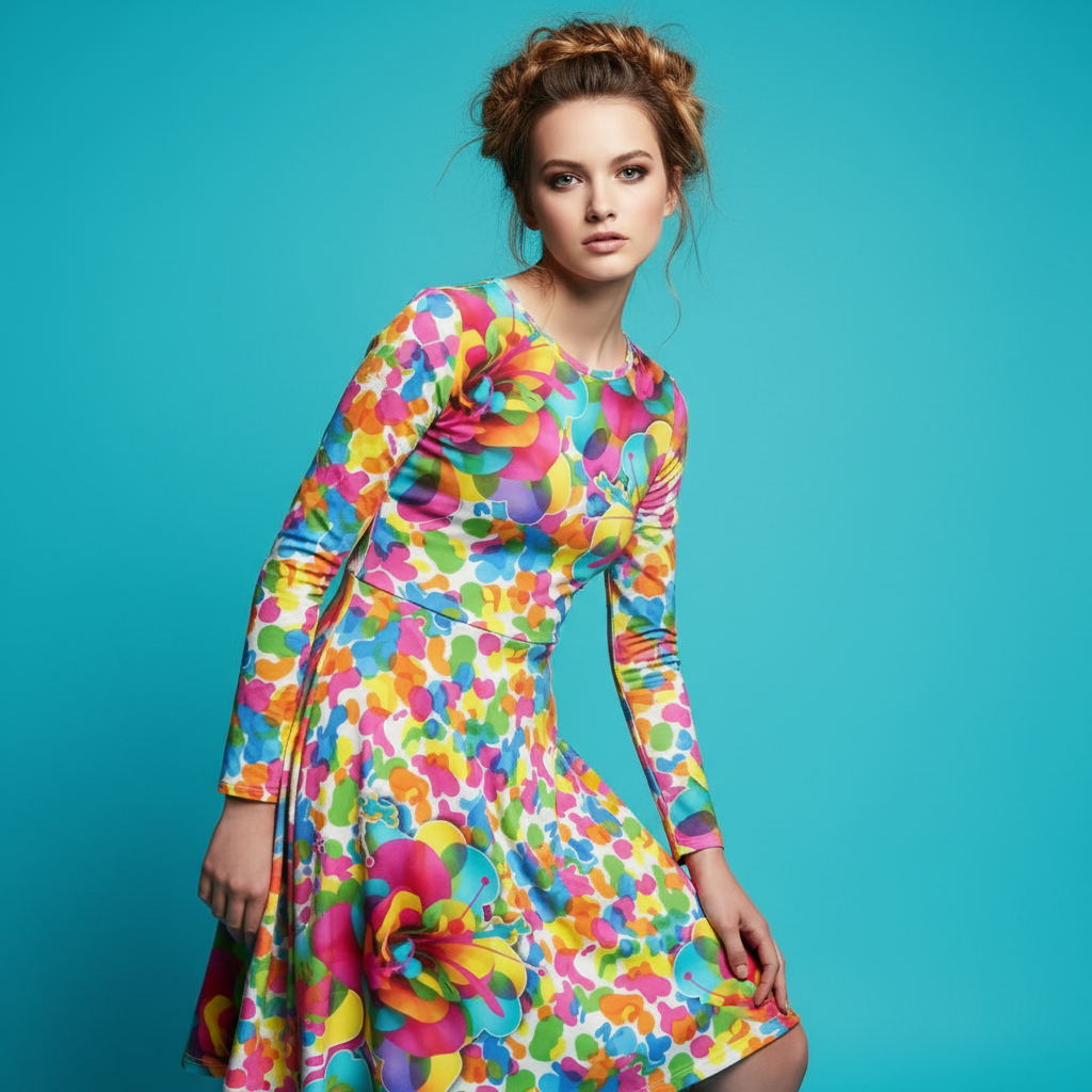 All-over print long sleeve midi dress 296