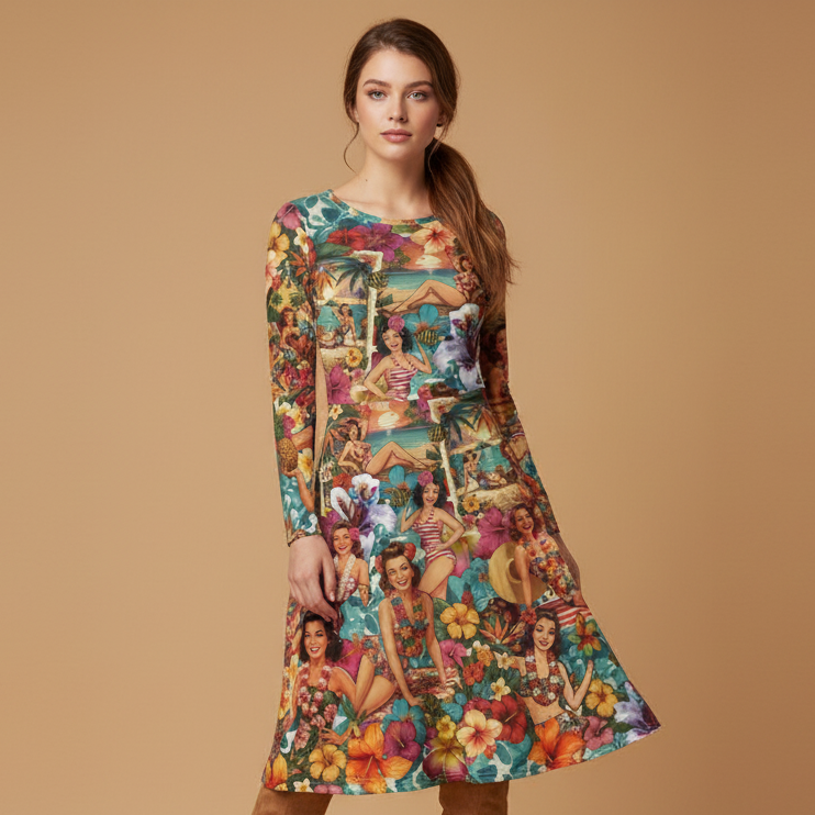 All-over print long sleeve midi dress 297