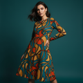 All-over print long sleeve midi dress 256A