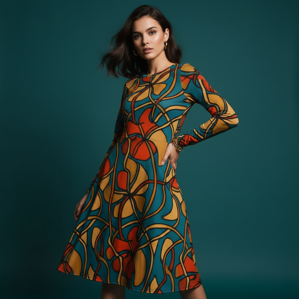 All-over print long sleeve midi dress 256A