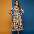 All-over print long sleeve midi dress 254B
