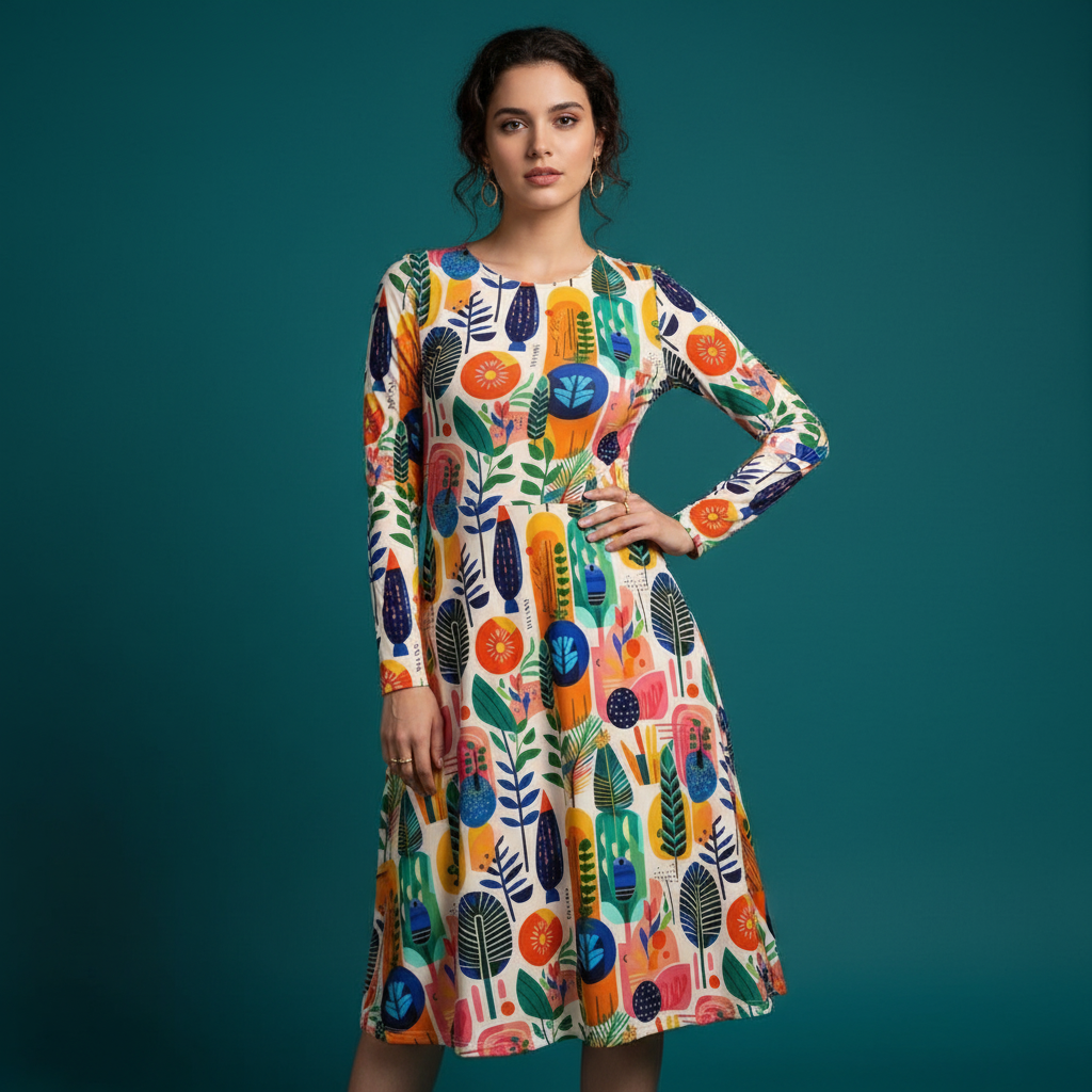All-over print long sleeve midi dress 254B