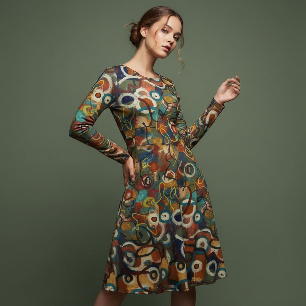 All-over print long sleeve midi dress 258