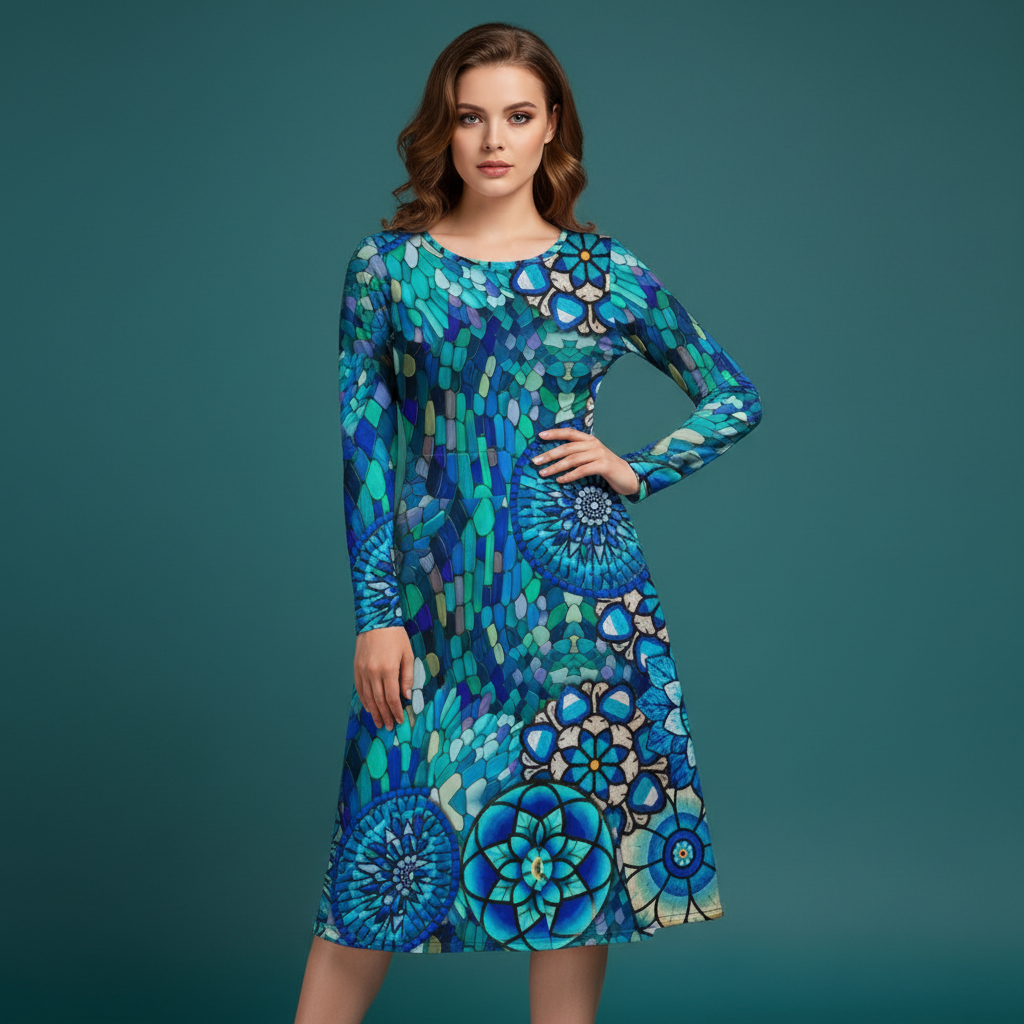 All-over print long sleeve midi dress 255D