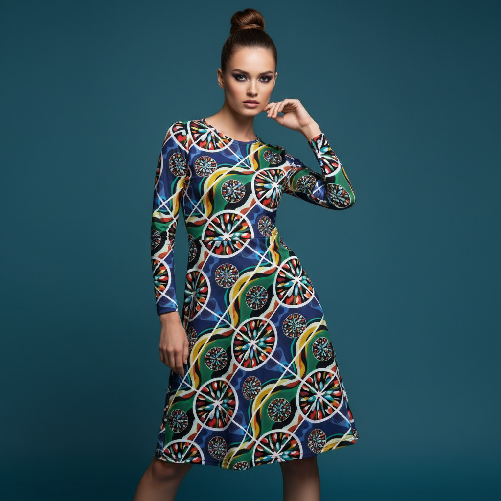 All-over print long sleeve midi dress 260B