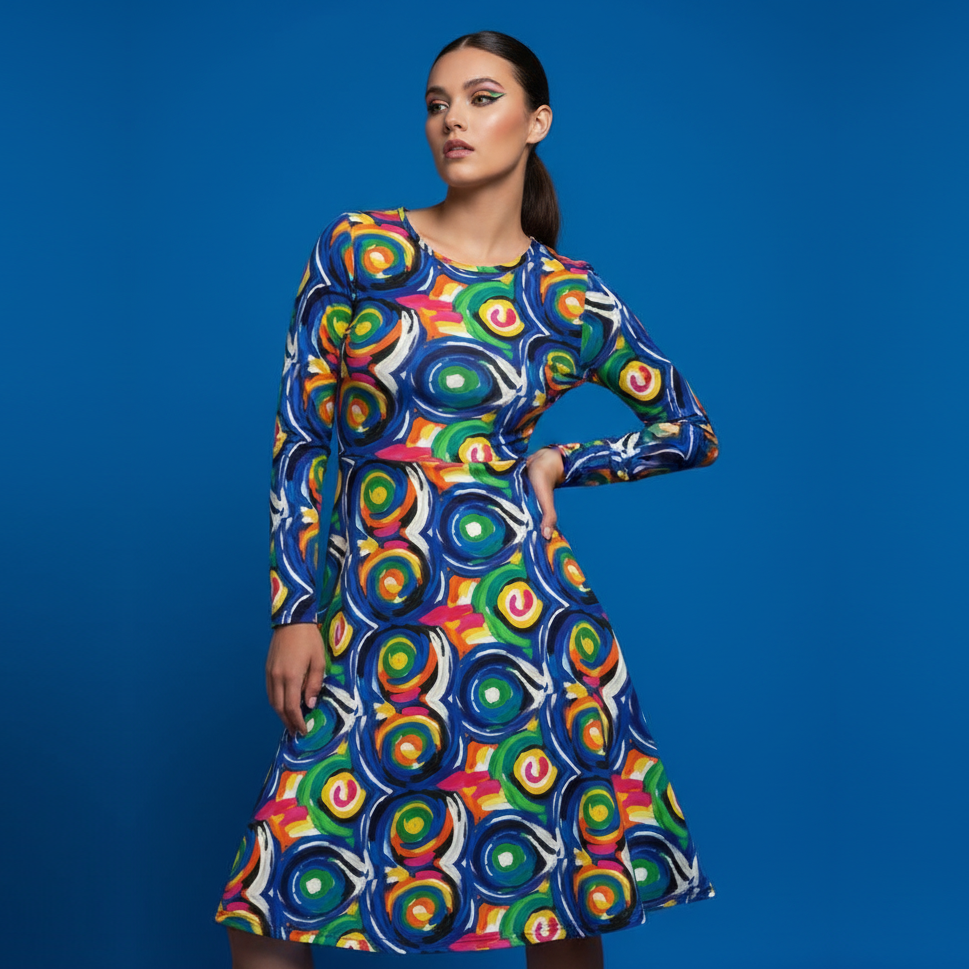 All-over print long sleeve midi dress 259