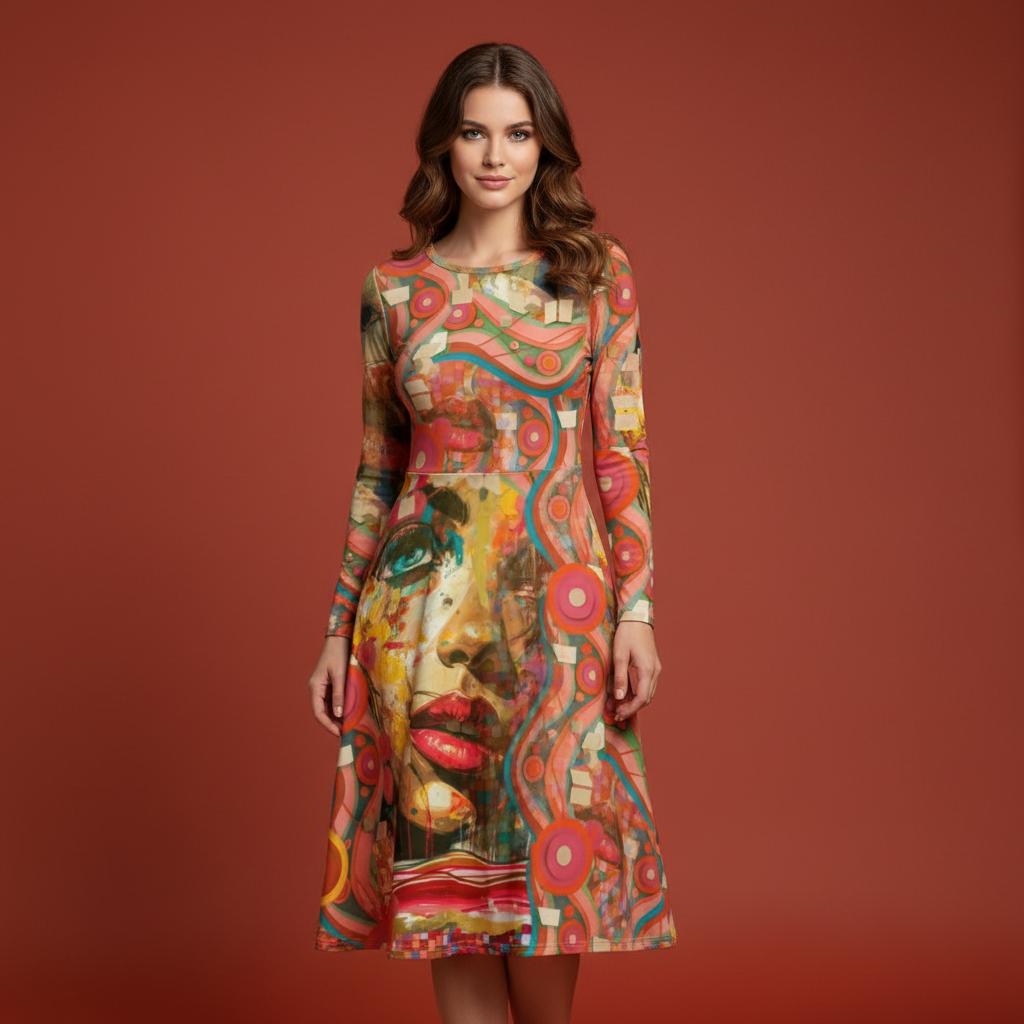 All-over print long sleeve midi dress 288Bkl2