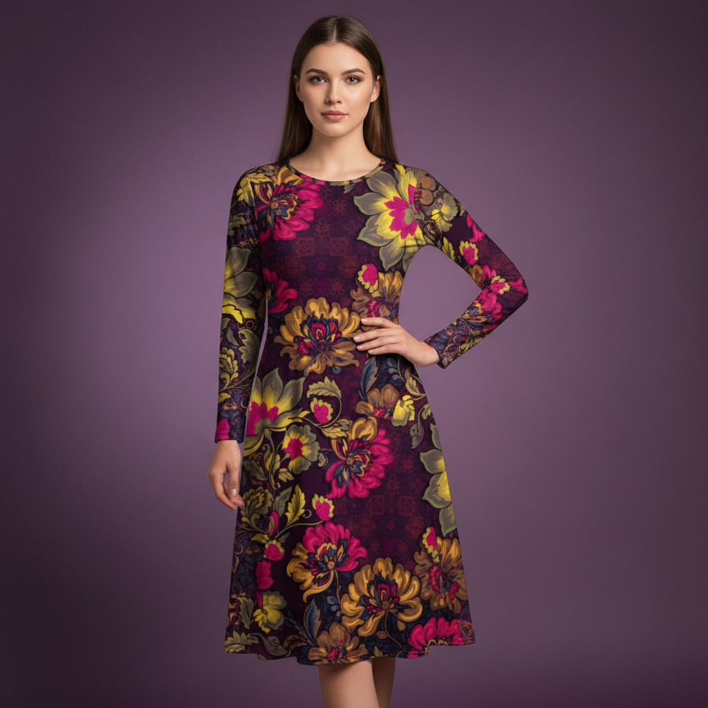 All-over print long sleeve midi dress 282