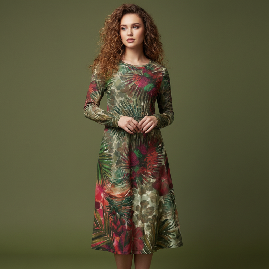 All-over print long sleeve midi dress 289