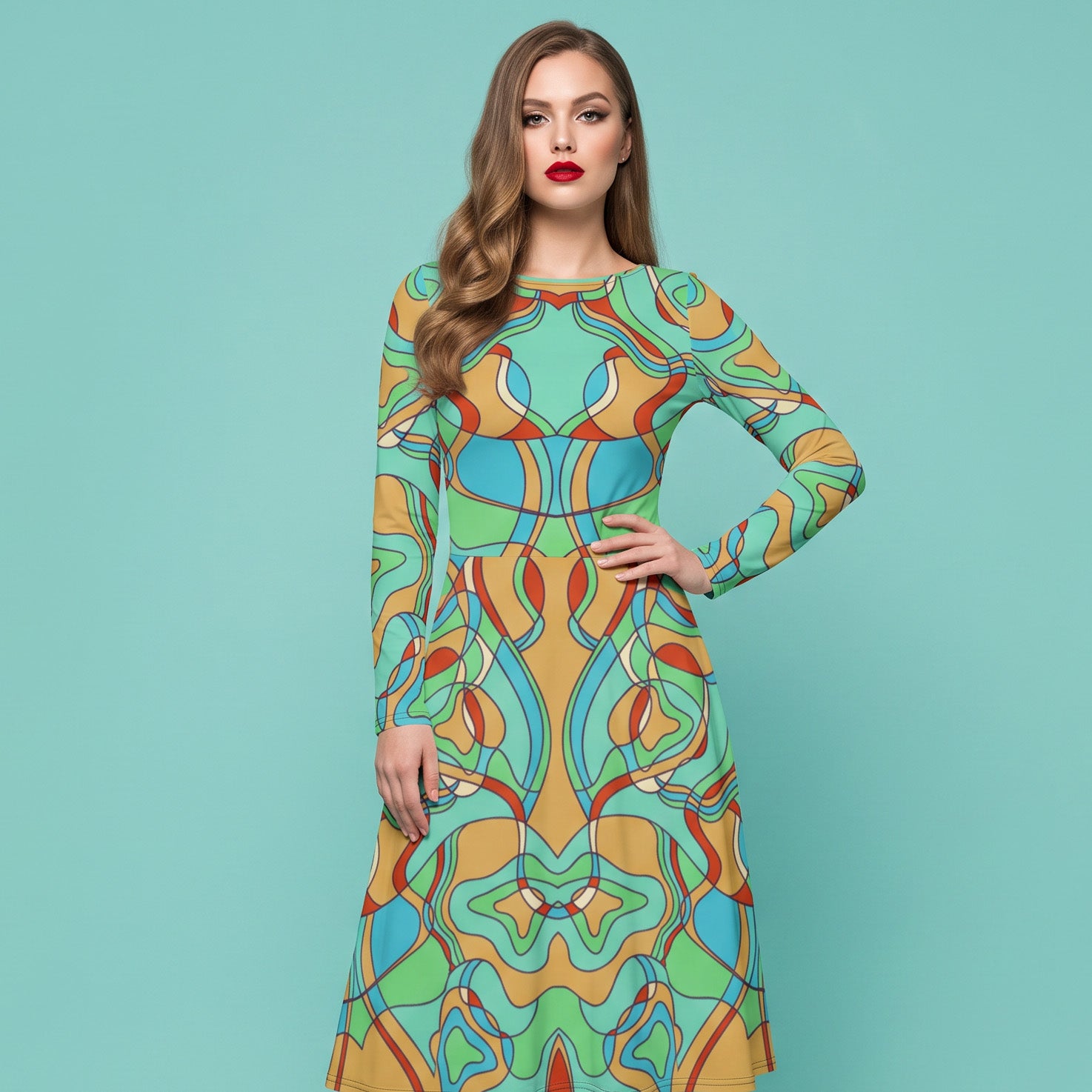 All-over print long sleeve midi dress 379kl2