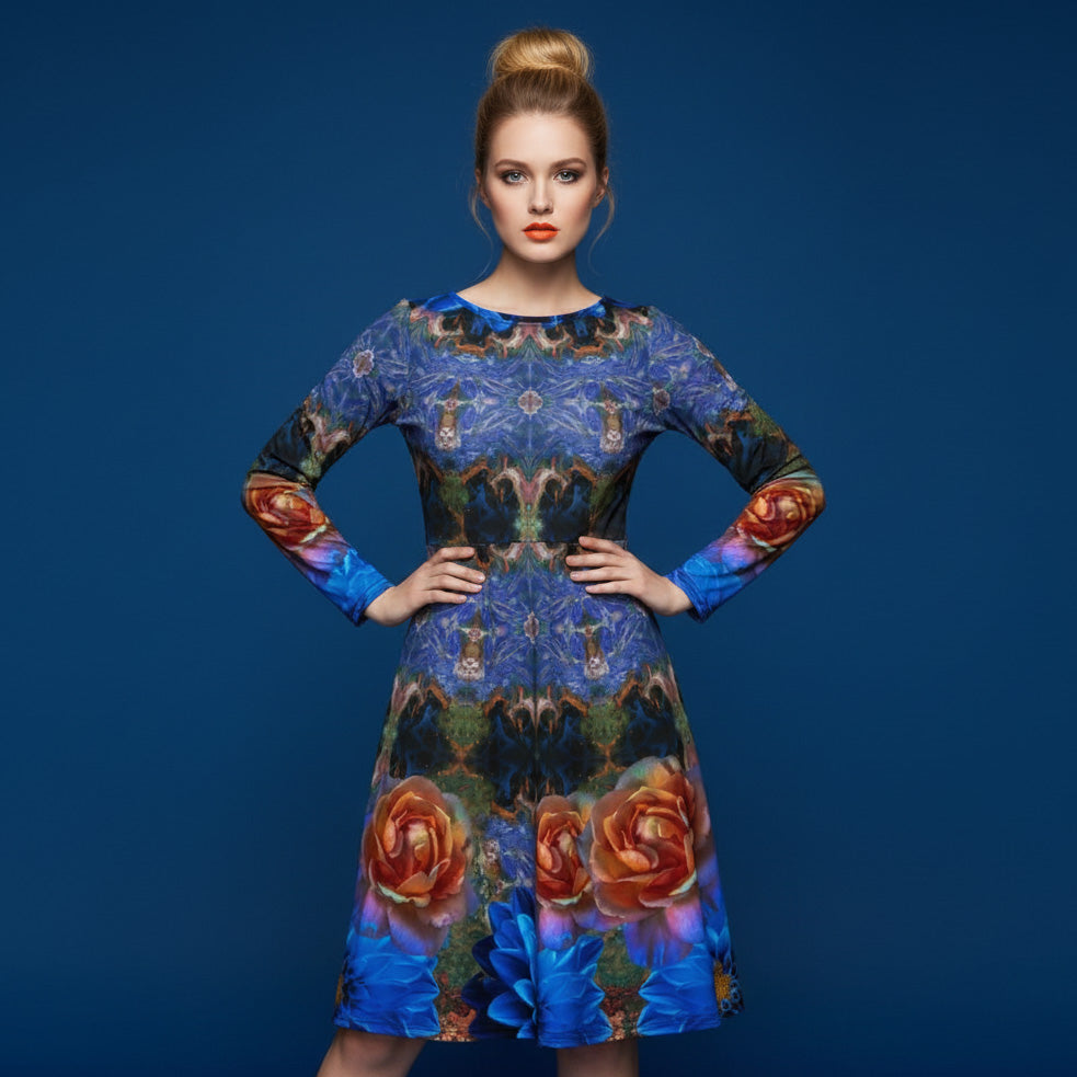 All-over print long sleeve midi dress 326kl1