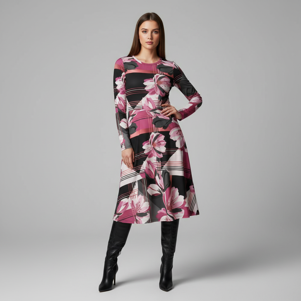 All-over print long sleeve midi dress 285kl5B