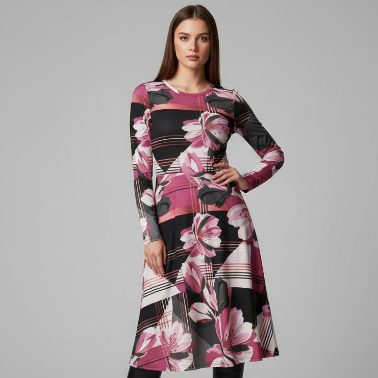 All-over print long sleeve midi dress 285kl5B