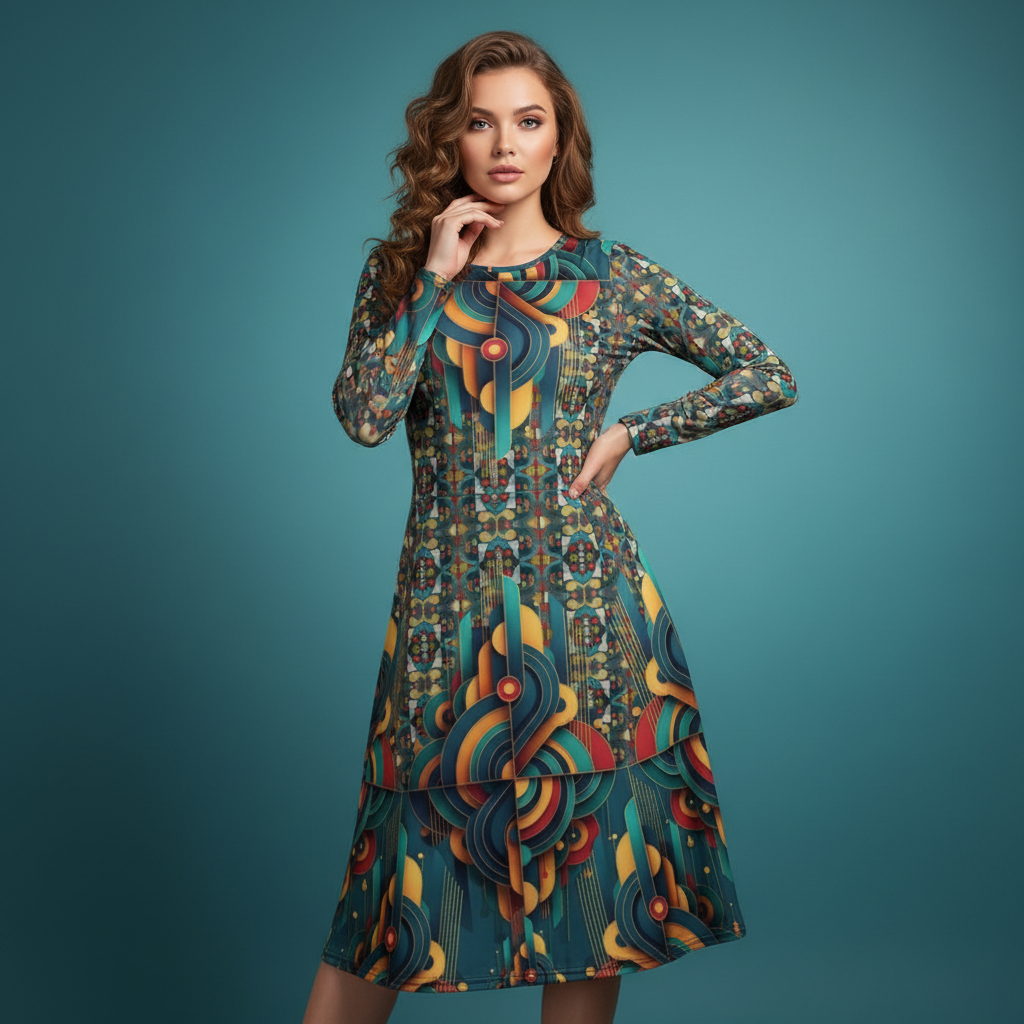 All-over print long sleeve midi dress 283D