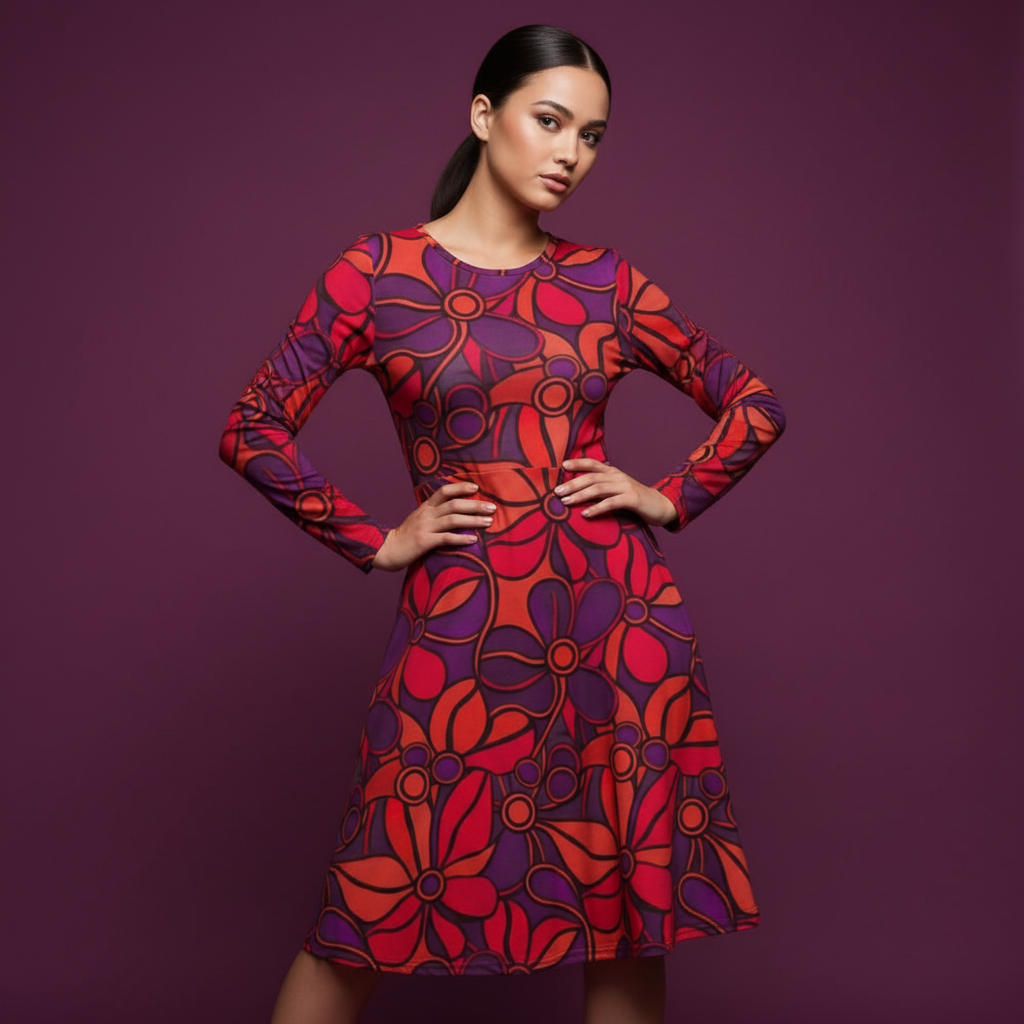 All-over print long sleeve midi dress 257kl4