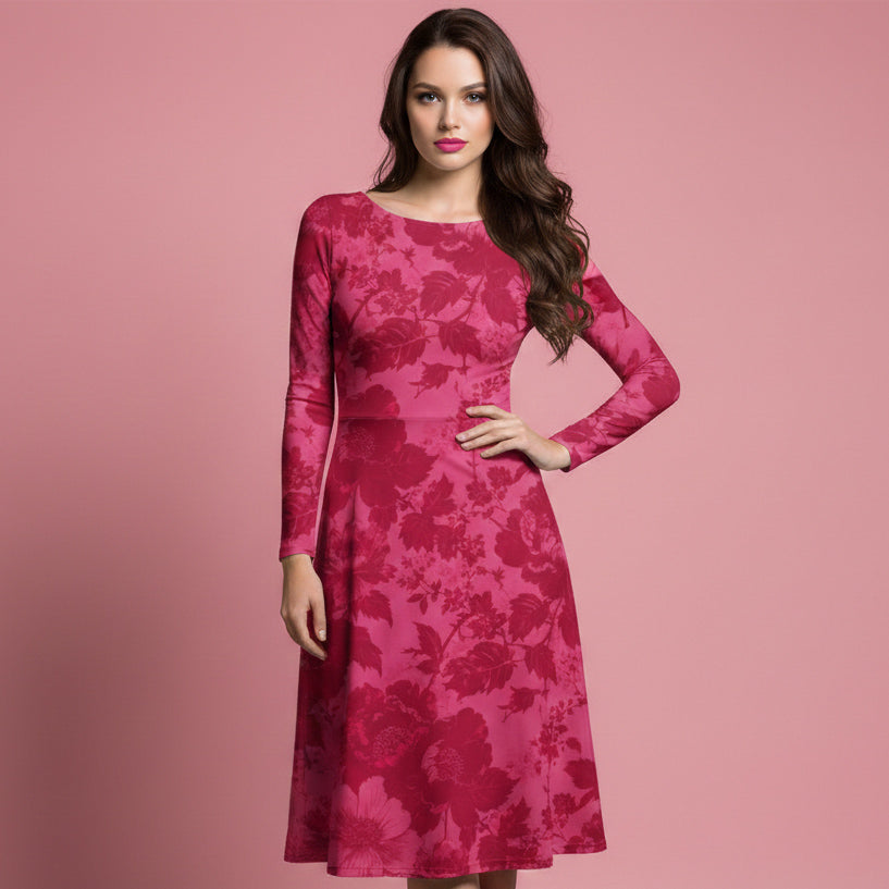 All-over print long sleeve midi dress 373Bkl6