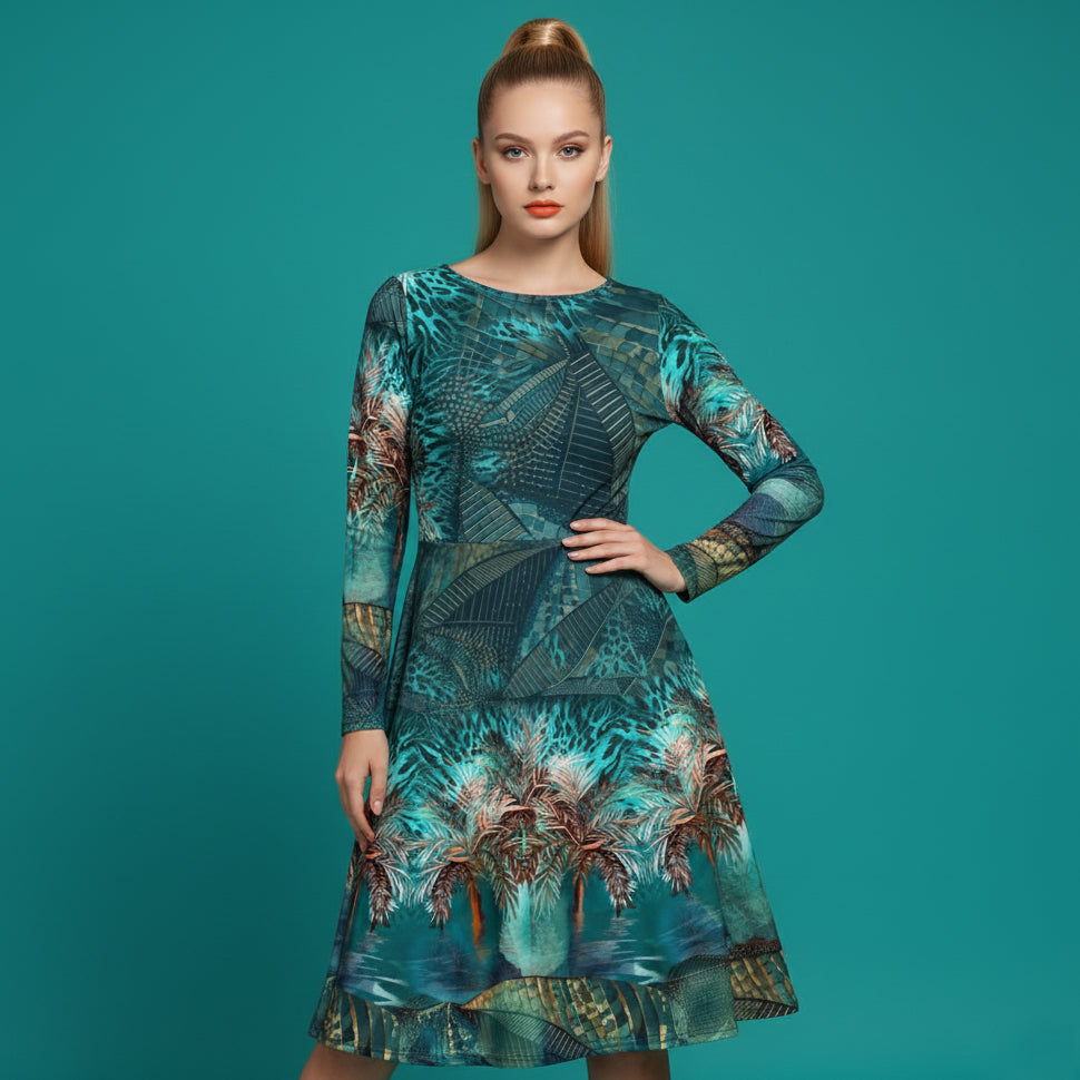 All-over print long sleeve midi dress 312