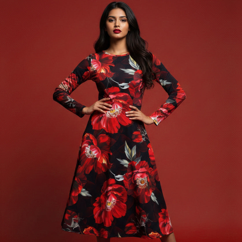 All-over print long sleeve midi dress 371kl1