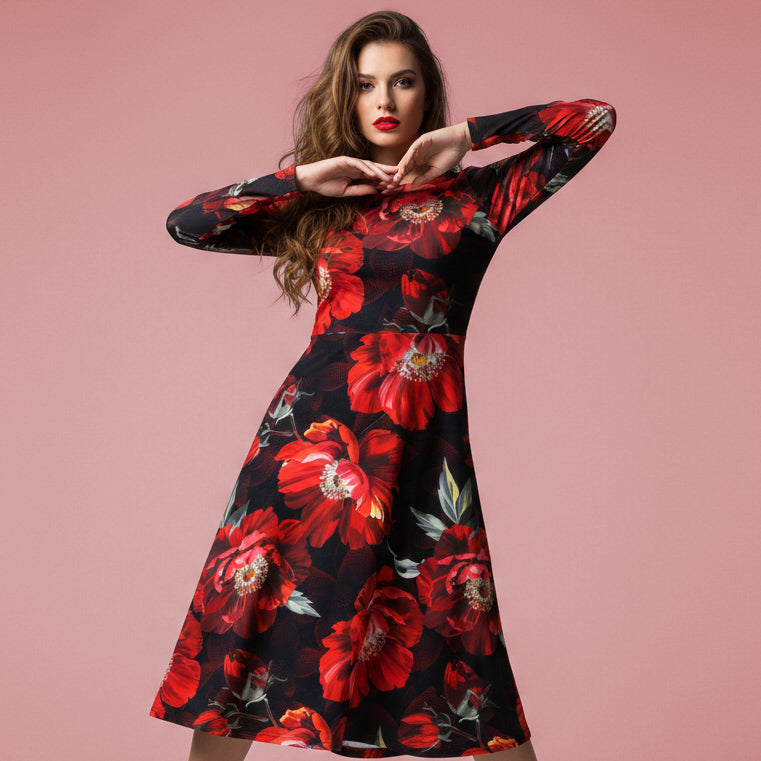 All-over print long sleeve midi dress 371kl1