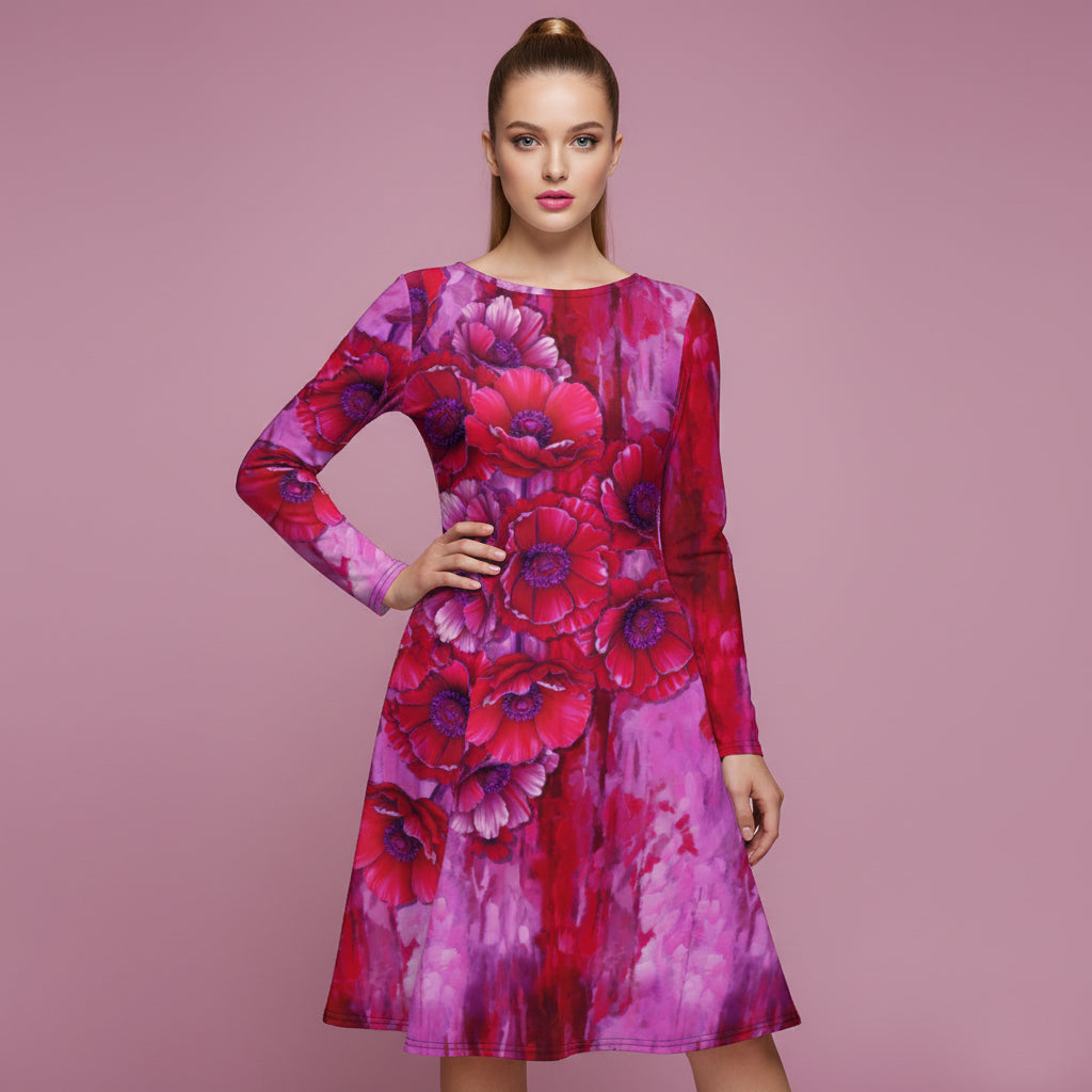 All-over print long sleeve midi dress 317Fkl3