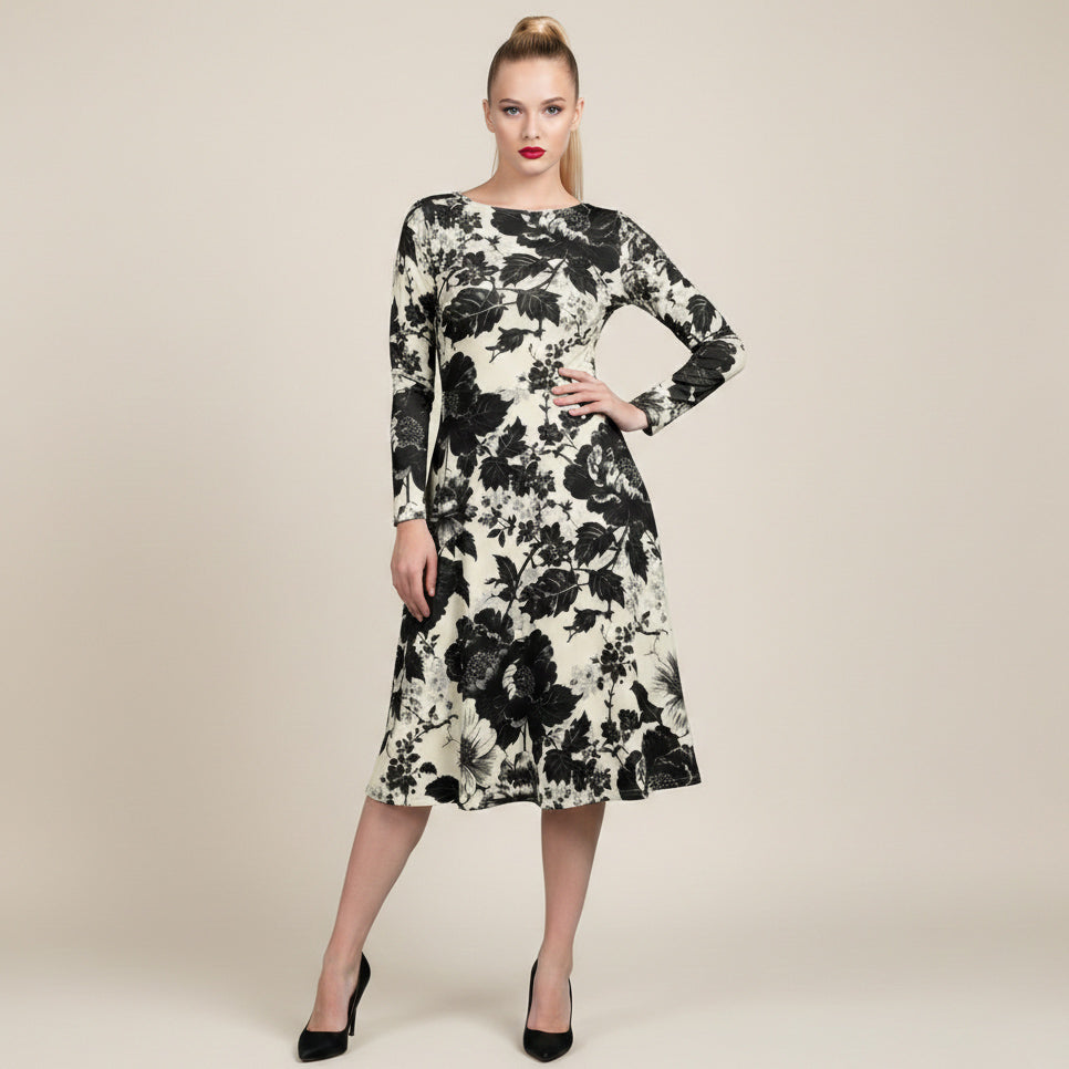 All-over print long sleeve midi dress 373kl10