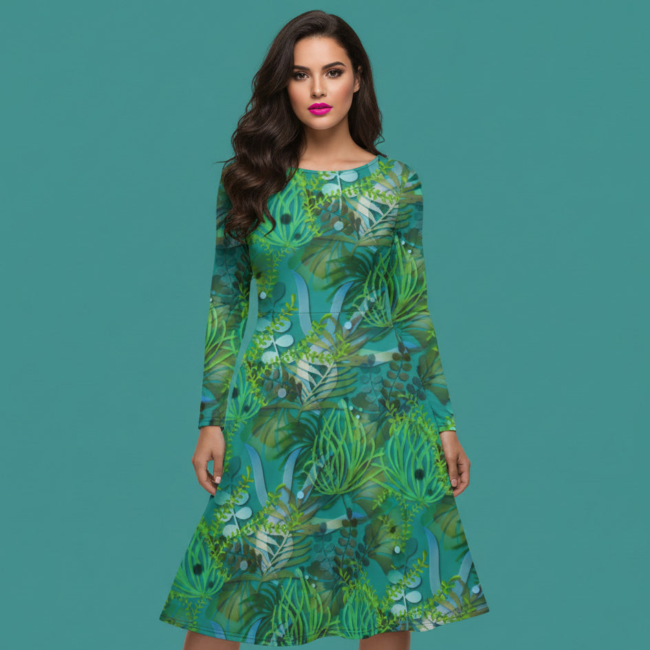 All-over print long sleeve midi dress 366Bkl1