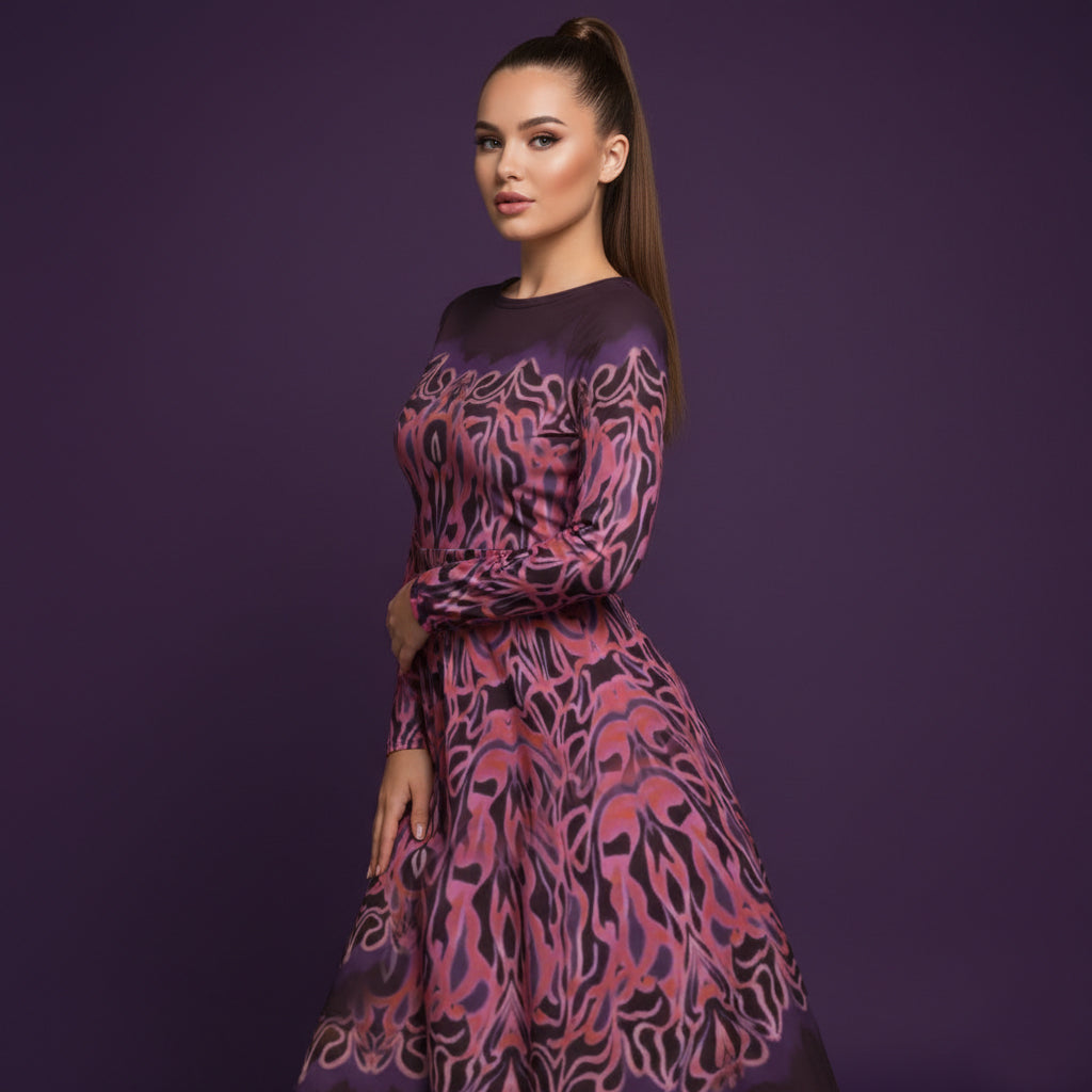 All-over print long sleeve midi dress 339Bkl6