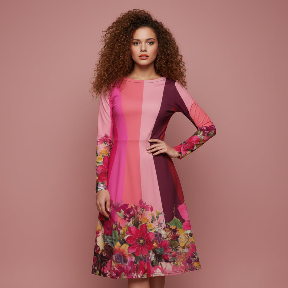 All-over print long sleeve midi dress 318C