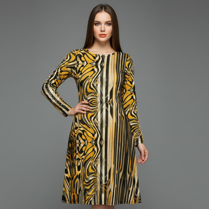 All-over print long sleeve midi dress 83i