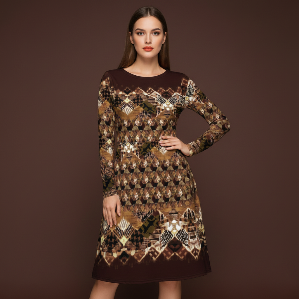 All-over print long sleeve midi dress 308Bkl2